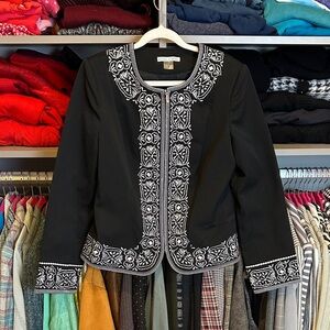 Peter Nygard black/white embroidered front zipper closure blazer size 8